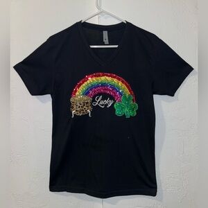 Saint Patrick’s Day T-Shirt with Shamrock, Rainbow and Pot of Gold.